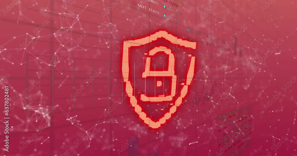 Poster animation of security padlock icon and network of connections against statistical data processing