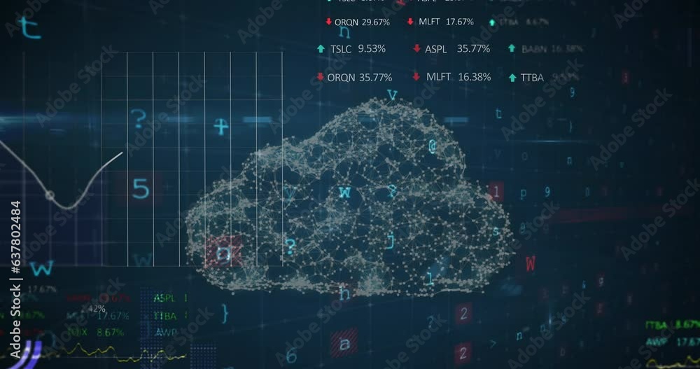 Poster animation of security padlock and cloud icon against cyber security and statistical data processing