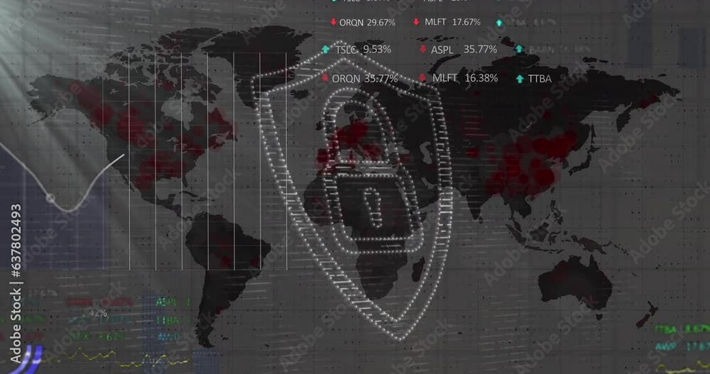 Aufkleber animation of security padlock, statistical and stock market data processing against world map