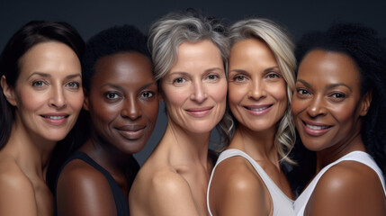 Group of five women in their 40s and 50s of different races. Concept of diversity in skin tones and ethnic complexion. Friendship across races.  
