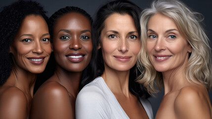 Group of four women in their 40s and 50s of different races. Concept of diversity in skin tones and ethnic complexion. Friendship across races.  