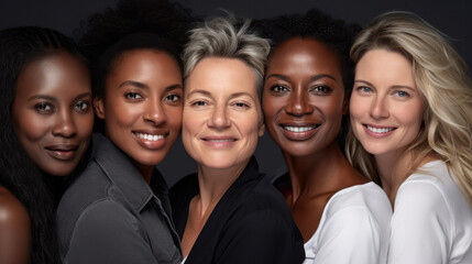 Group of five women in their 40s and 50s of different races. Concept of diversity in skin tones and ethnic complexion. Friendship across races.  