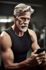 Fototapeta na wymiar shot of a mature man using his cellphone during an exercise class