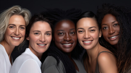 Group of five women in their 40s and 50s of different races. Concept of diversity in skin tones and ethnic complexion. Friendship across races.  