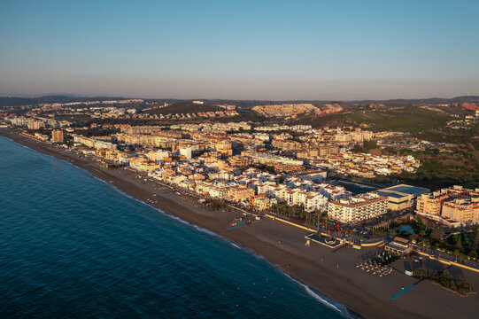 Beautiful view of Puerto de la Duquesa , sunrise, marina view captured from drone, aerial photography