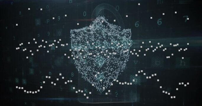 Animation of cyber security data processing over security sheild icon against black background