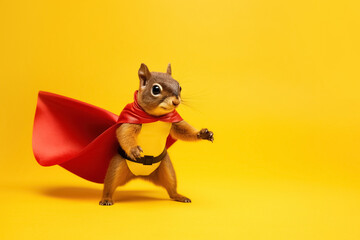 squirrel in superhero cape over yellow background. Generative Ai - obrazy, fototapety, plakaty