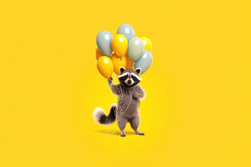 raccoon holding balloons over yellow background, happy birthday concept. Generative Ai - obrazy, fototapety, plakaty