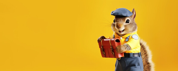 Squirrel postman over orange background, panoramic layout. Generative Ai