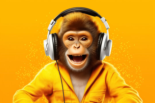 monkey wearing headphones over orange background. Generative Ai