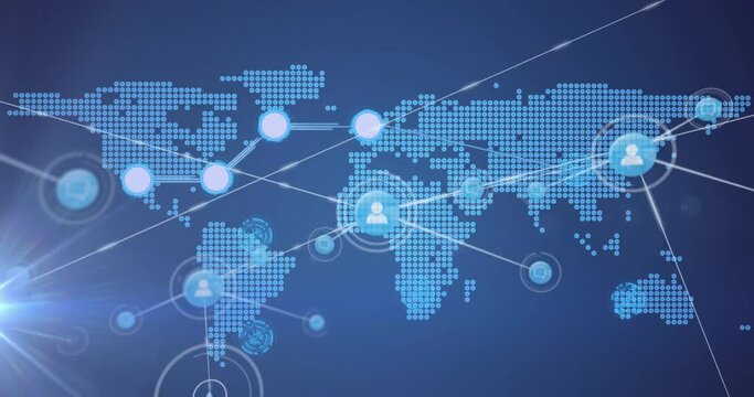 Animation of network of connections and light spot over world map against blue background