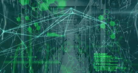Animation of heart rate monitor, network of connections and data processing against server room - Powered by Adobe