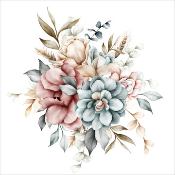 beautiful floral bouquet with vintage watercolor flower and leaves