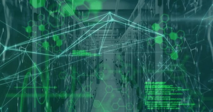 Animation of heart rate monitor, network of connections and data processing against server room - Powered by Adobe