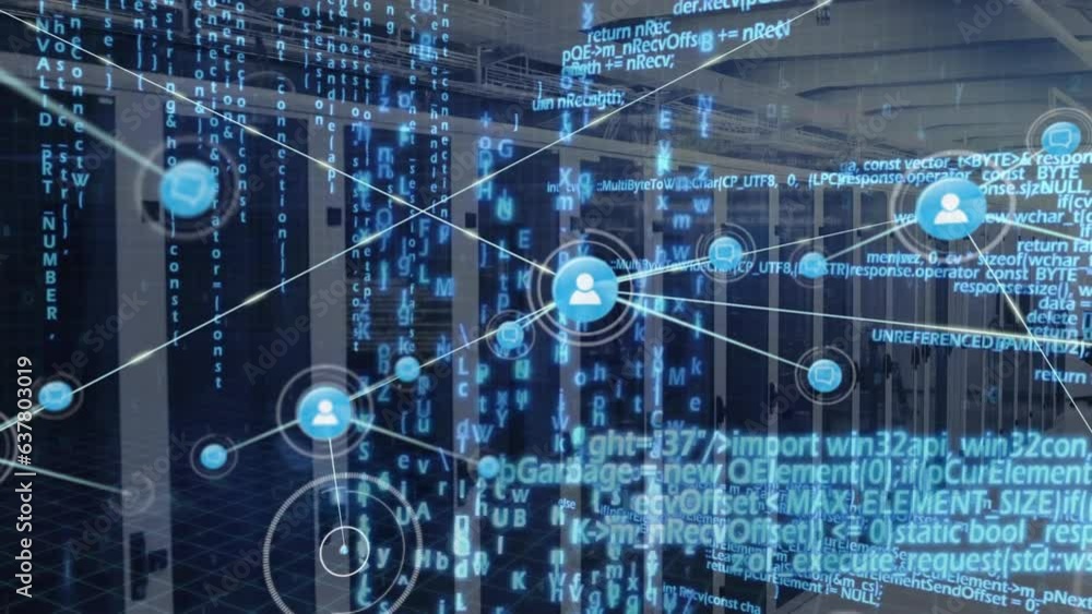 Poster animation of network of digital icons and data processing against computer server room