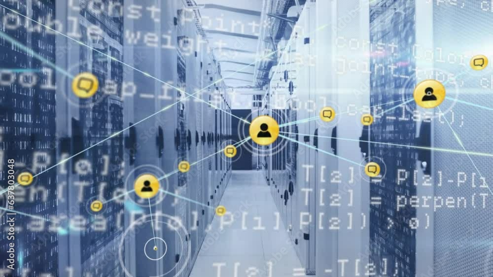 Poster animation of network of digital icons, light spots and data processing against computer server room