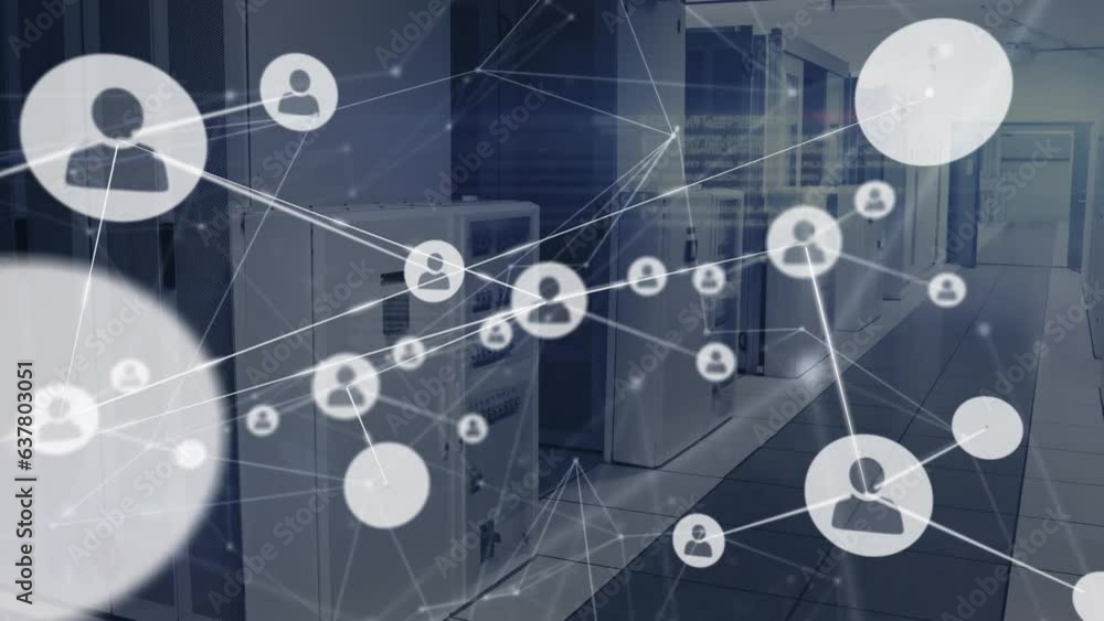 Poster Animation of network of profile icons and data processing against computer server room