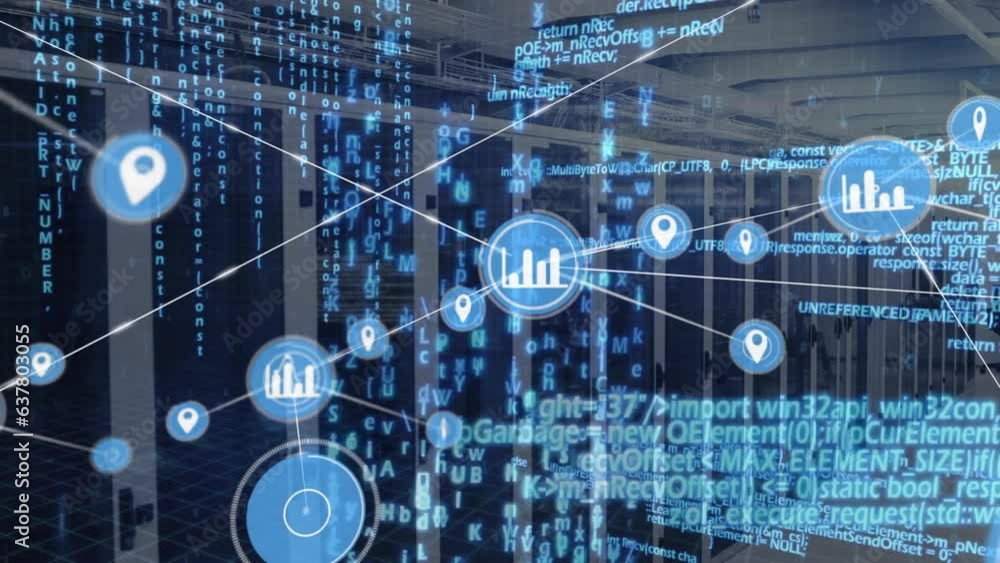 Poster Animation of network of digital icons and data processing against computer server room