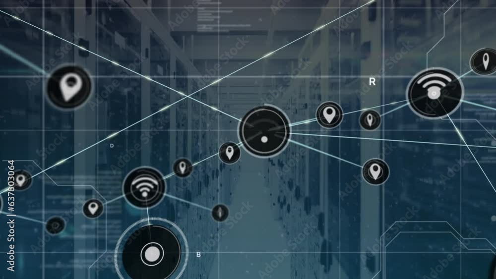 Poster Animation of network of digital icons and interface with data processing against server room