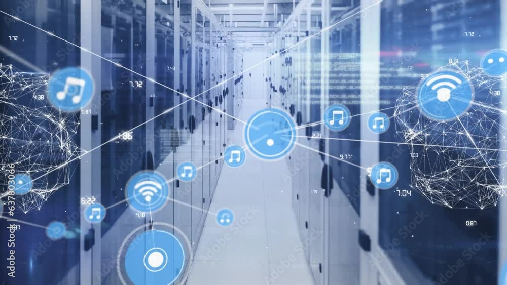 Poster animation of network of digital icons, globe of network of connections against computer server room