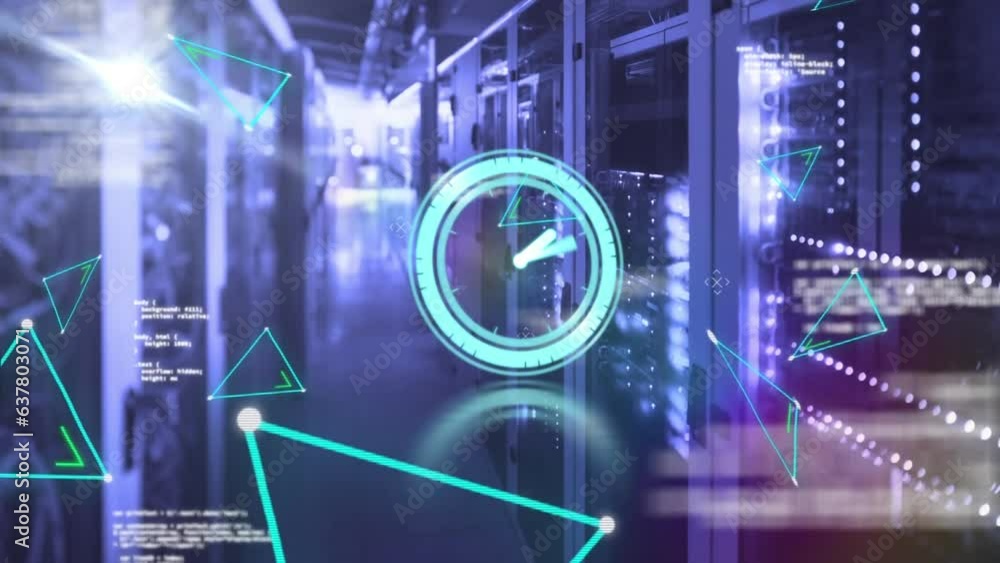 Poster animation of neon ticking clock, plexus networks and data processing against computer server room