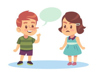 Little boy telling lies to upset little girl. Liar child having big nose suffering from compulsive dishonest behavior. Friend relationships. Cartoon flat style isolated vector concept