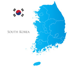 Obraz premium Map of South Korea with separate districts with flag aside.