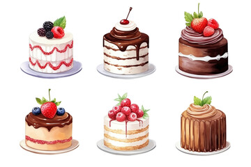 collection of cake illustrations on clear background for print, books, website, decoration