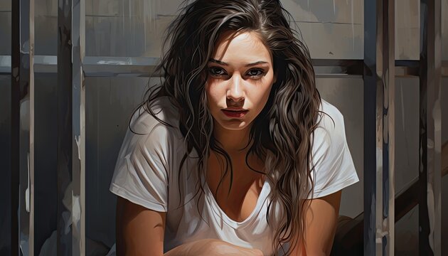 Young woman in white clothes looking from behind bars. trapped woman behind iron bars.