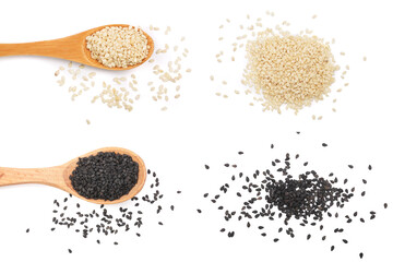 Black and white sesame seeds in a wooden spoon isolated on white background top view