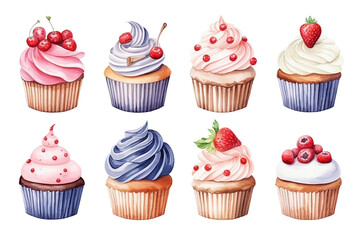 Set of cupcake illustrations on clear background for print, books, website, decoration