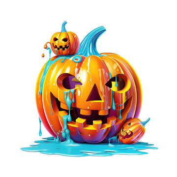 Spooky halloween pumpkin with dripping paint, isolated Jack O Lantern with scary face in puddle of spilled paint cutout on transparent background.