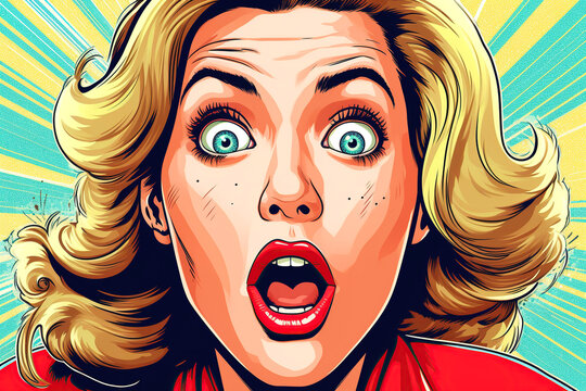 Pin up, pop art retro surprised, astonished, shocked, funky open-mouthed young blonde woman with wow face, comic kitsch cartoon vintage style portrait.