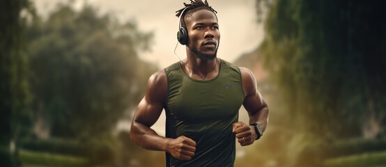 Fit happy African American man with headphones jogging in green park, listening to music. Full...