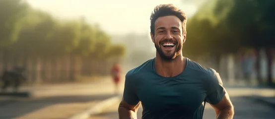 Poster Fit happy man jogging in green park. Full length photo. © radekcho