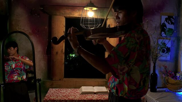 Musician plays violin in ambient room with his reflection seen in mirror