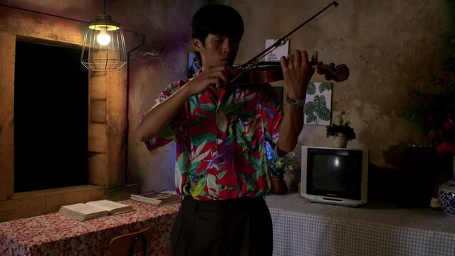 Male musician playing melodic tunes on violin in ambient homely setup
