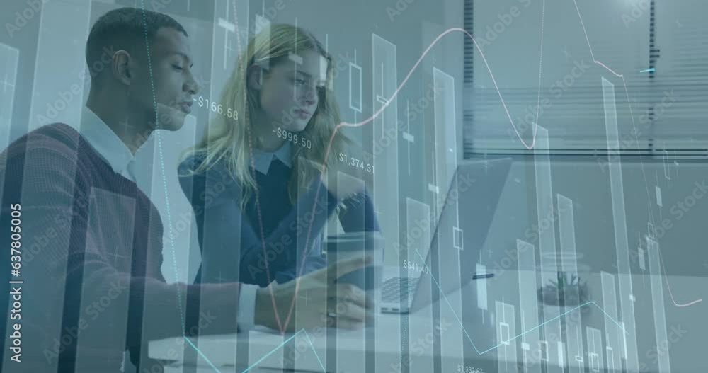 Poster animation of multiple graphs, numbers over diverse coworkers discussing on laptop and shaking hands