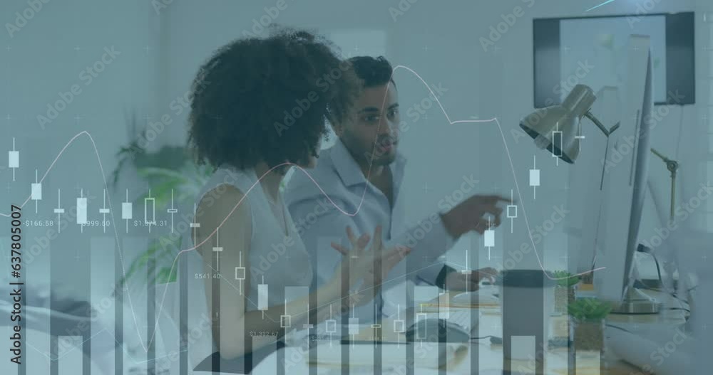Poster animation of multiple graphs, changing number, diverse coworkers talking while working on desktop