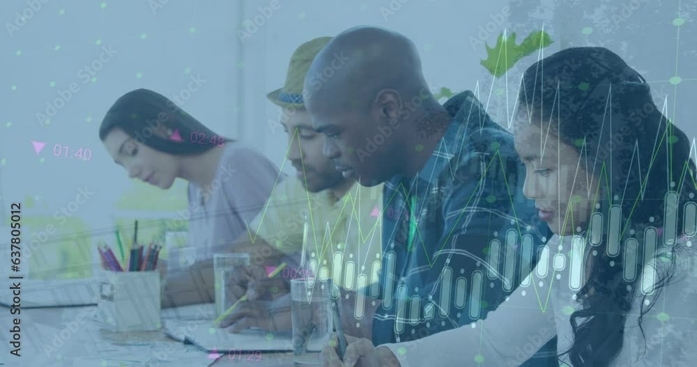 Poster animation of multiple graphs with changing numbers, diverse coworkers writing in notepad