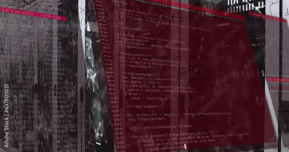Poster animation of computer language and mathematical equation over connected dots on server room