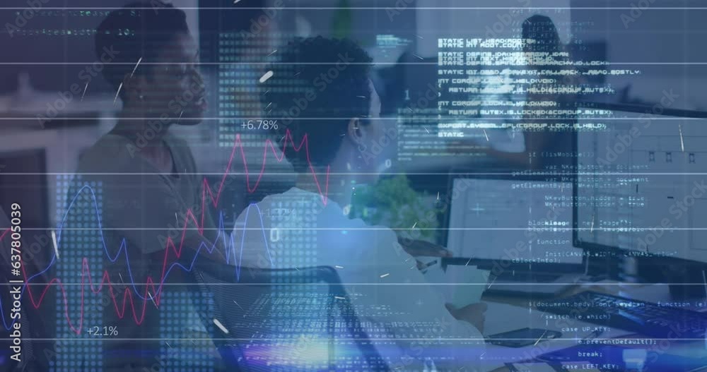 Poster animation of graphs, binary codes, computer language, diverse female coworkers discussing on desktop