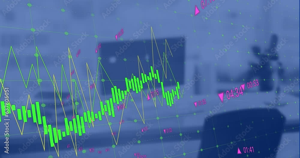 Poster Animation of multiple graphs and changing numbers over unoccupied chair and computer on desk