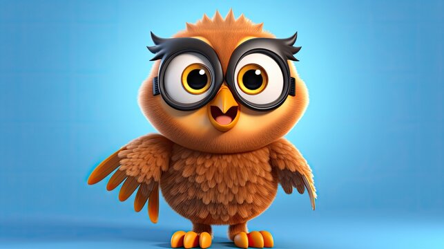 Cute 3D cartoon owl character.