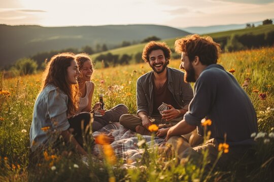 group of friends laughing and enjoying a picnic in the meadows (Generative AI)