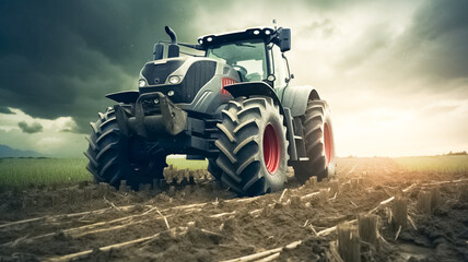 Obraz premium Agricultural tractor working in the field. Modern tractor in the field close-up. 