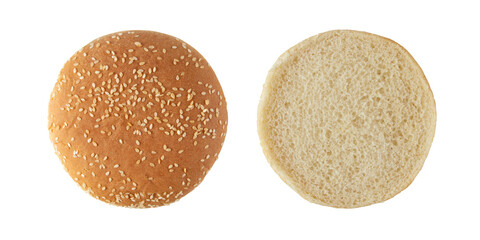 Sesame bun for burger top view isolated transparent png. Round bread topped with sesame seeds half cutted. Top and bottom parts separated.