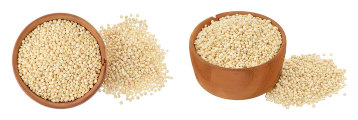 white quinoa seeds in wooden bowl isolated on white background with full depth of field. Top view. Flat lay.