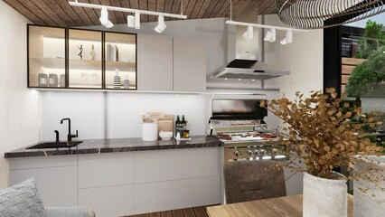 The patio seating area and b.b.q grill in the backyard of the house. 3D video.