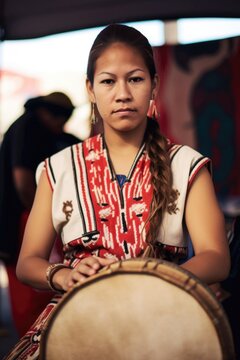 Portrait Of A First Nations Woman Wearing Traditional Clothing And Holding Drum At An Event